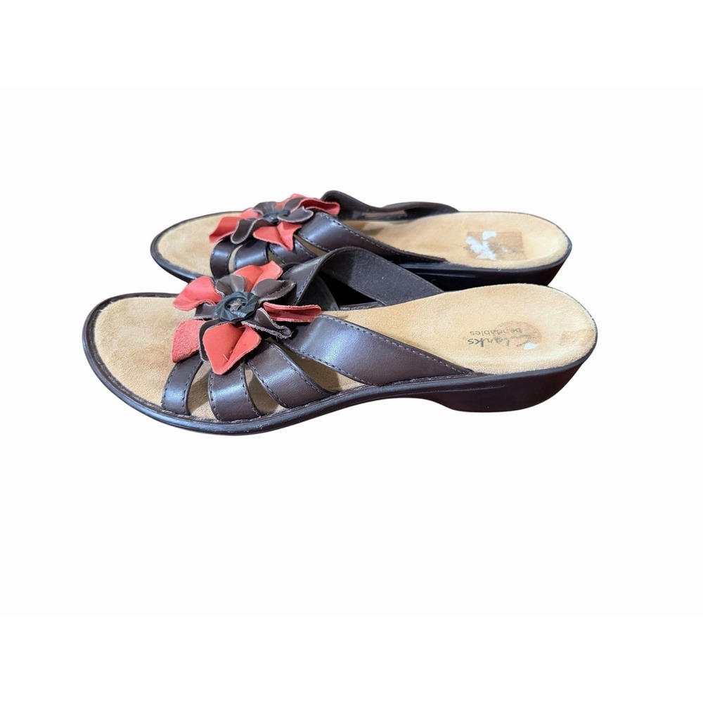Clarks Bendables Sandal Size 11 Lexi Opal Slides Wedge Brown Leather Floral